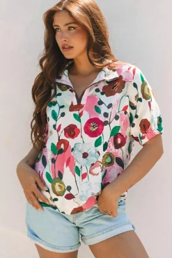 Clearance Dear-Lover Floral Print Slit V Neck Short Sleeve Blouse Pink