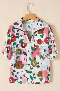 Clearance Dear-Lover Floral Print Slit V Neck Short Sleeve Blouse Pink