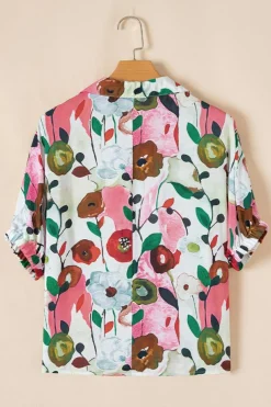 Clearance Dear-Lover Floral Print Slit V Neck Short Sleeve Blouse Pink