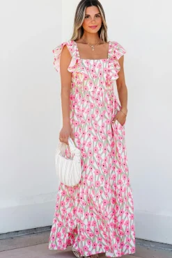 Fashion Dear-Lover Floral Print Square Neck Ruffled Strap Maxi Dress Pink