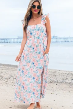 Online Dear-Lover Floral Print Square Neck Backless Long Dress with Slit Pink