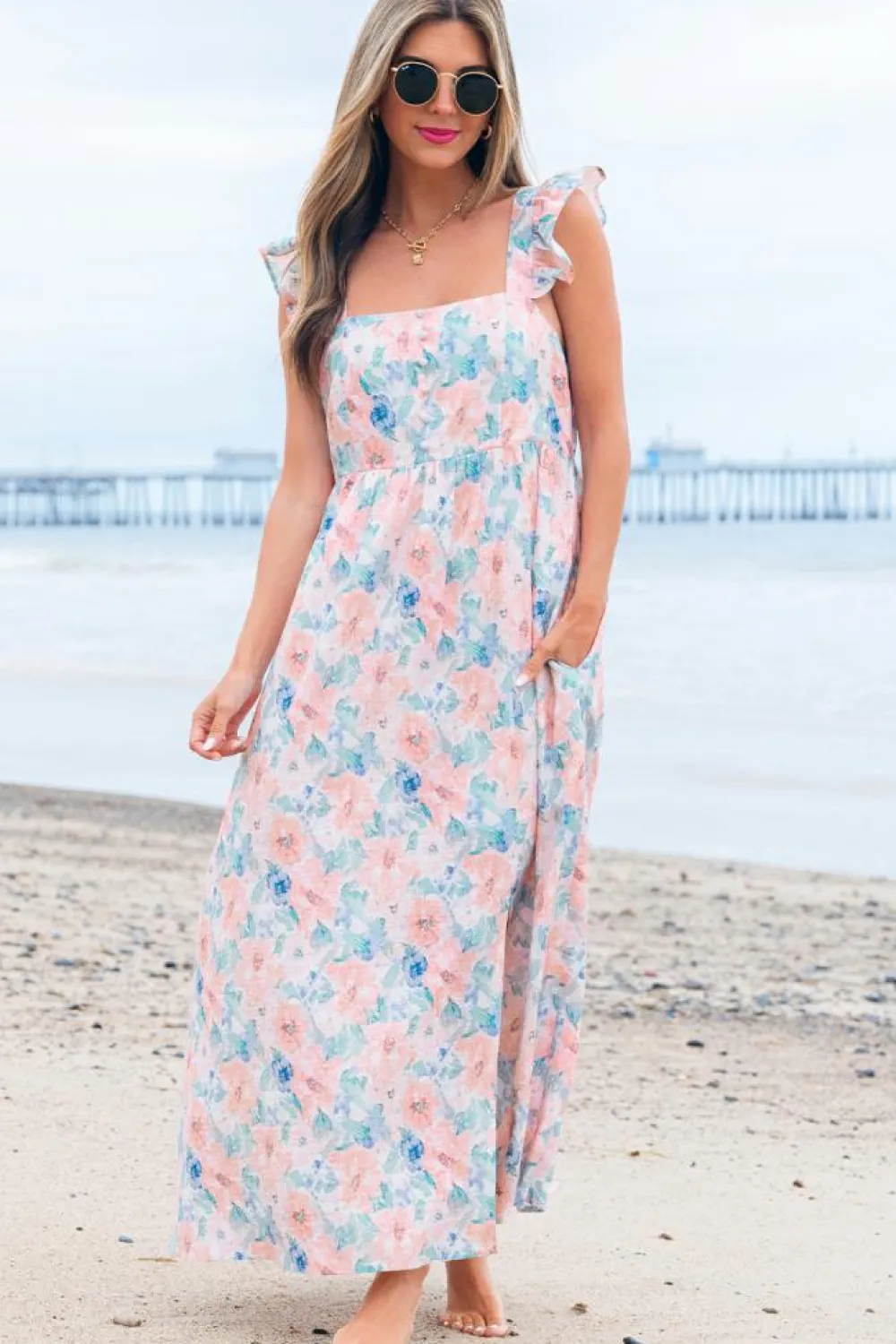 Online Dear-Lover Floral Print Square Neck Backless Long Dress with Slit Pink