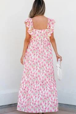 Fashion Dear-Lover Floral Print Square Neck Ruffled Strap Maxi Dress Pink