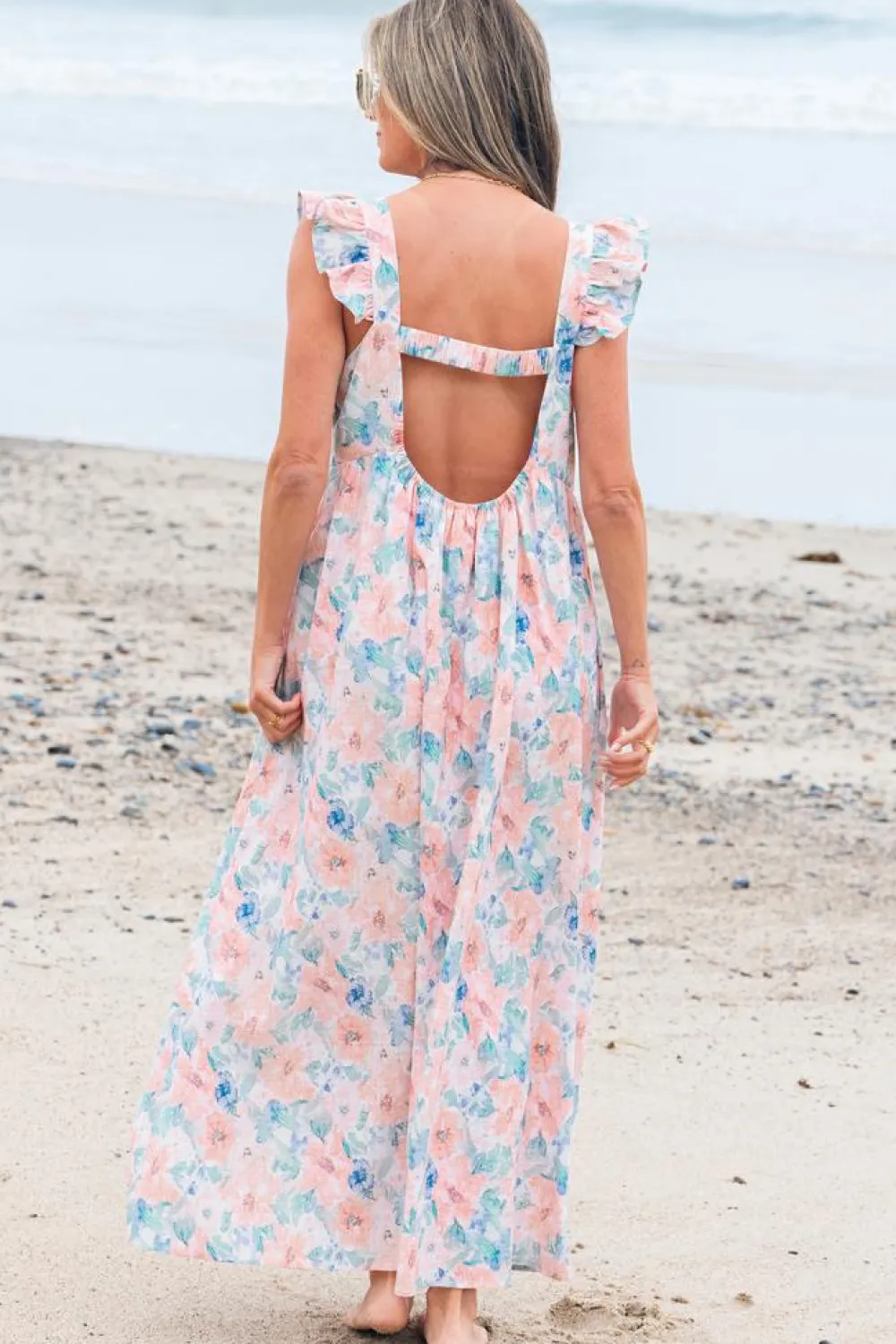 Online Dear-Lover Floral Print Square Neck Backless Long Dress with Slit Pink