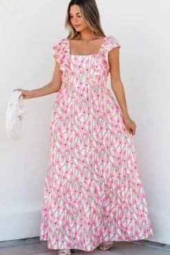 Fashion Dear-Lover Floral Print Square Neck Ruffled Strap Maxi Dress Pink