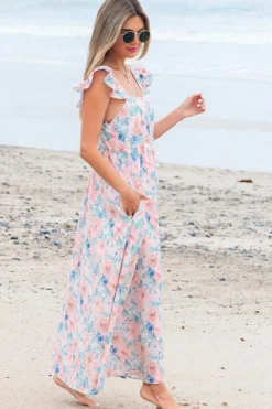 Online Dear-Lover Floral Print Square Neck Backless Long Dress with Slit Pink