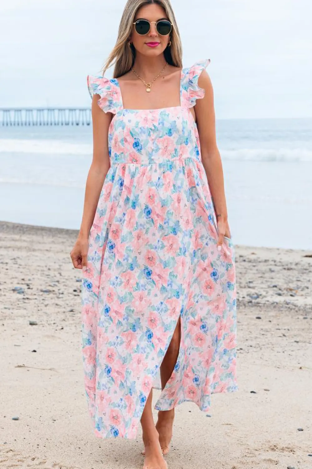 Online Dear-Lover Floral Print Square Neck Backless Long Dress with Slit Pink