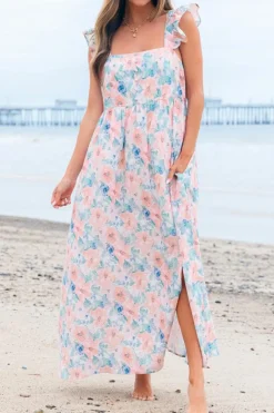 Online Dear-Lover Floral Print Square Neck Backless Long Dress with Slit Pink