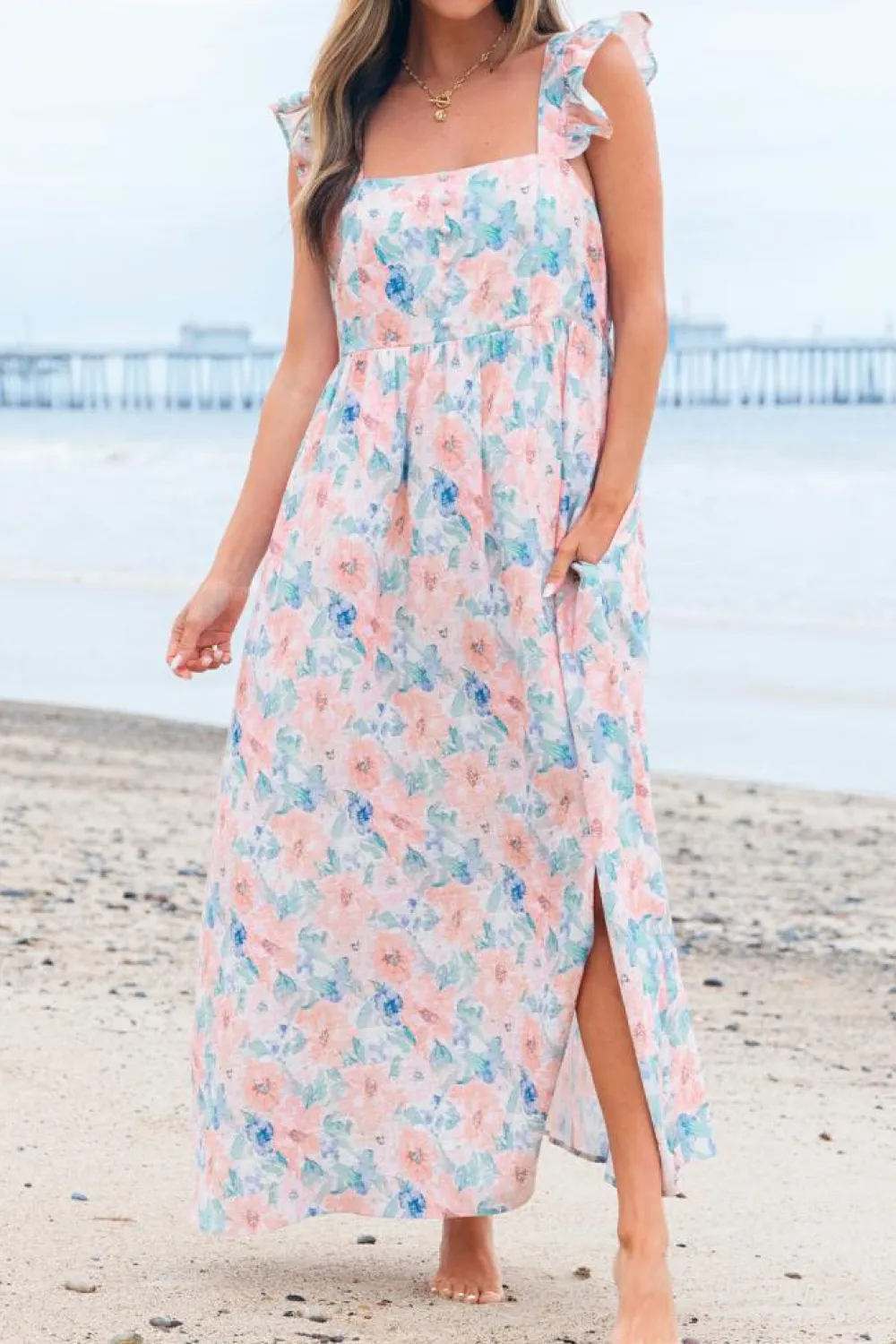Online Dear-Lover Floral Print Square Neck Backless Long Dress with Slit Pink