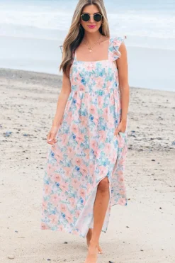 Online Dear-Lover Floral Print Square Neck Backless Long Dress with Slit Pink