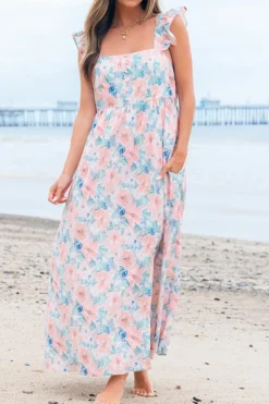 Online Dear-Lover Floral Print Square Neck Backless Long Dress with Slit Pink