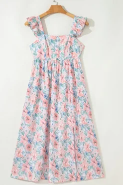 Online Dear-Lover Floral Print Square Neck Backless Long Dress with Slit Pink