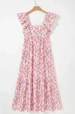 Fashion Dear-Lover Floral Print Square Neck Ruffled Strap Maxi Dress Pink