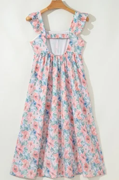 Online Dear-Lover Floral Print Square Neck Backless Long Dress with Slit Pink