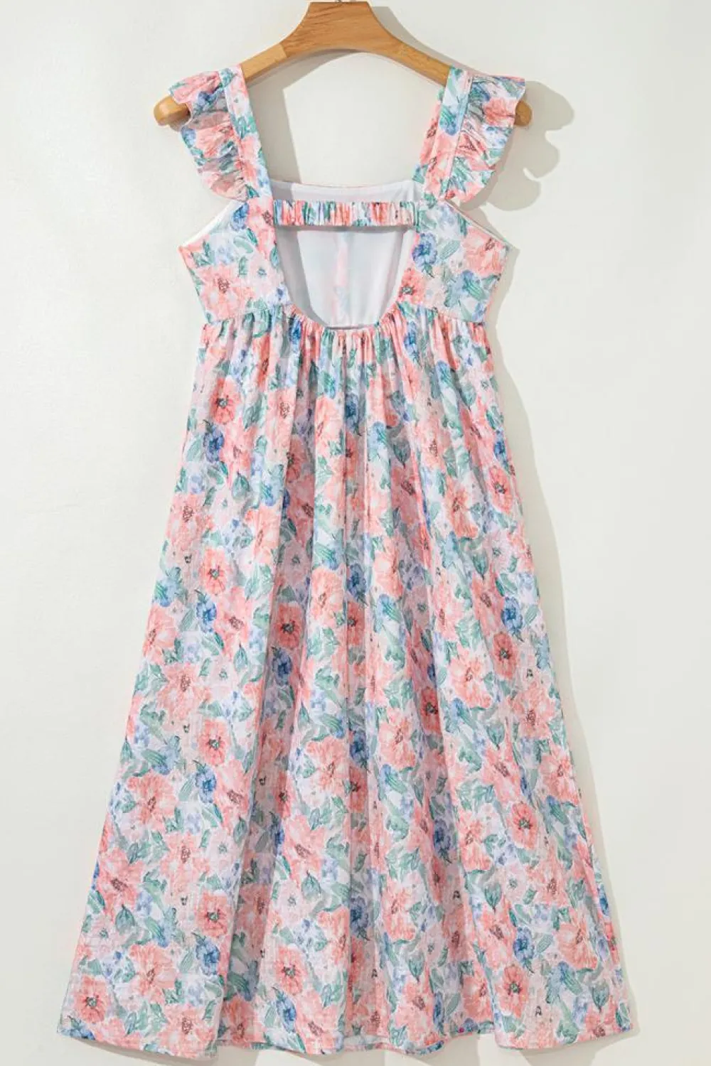 Online Dear-Lover Floral Print Square Neck Backless Long Dress with Slit Pink