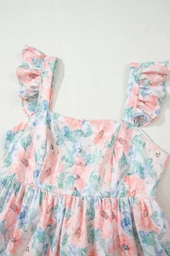 Online Dear-Lover Floral Print Square Neck Backless Long Dress with Slit Pink