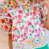 Sale Dear-Lover Floral Print Striped Detail Split Neck Short Sleeve Blouse Pink