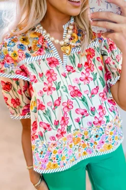 Sale Dear-Lover Floral Print Striped Detail Split Neck Short Sleeve Blouse Pink