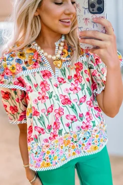 Sale Dear-Lover Floral Print Striped Detail Split Neck Short Sleeve Blouse Pink