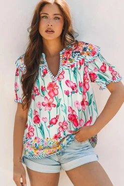 Sale Dear-Lover Floral Print Striped Detail Split Neck Short Sleeve Blouse Pink