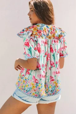 Sale Dear-Lover Floral Print Striped Detail Split Neck Short Sleeve Blouse Pink
