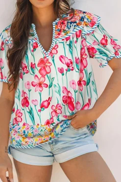 Sale Dear-Lover Floral Print Striped Detail Split Neck Short Sleeve Blouse Pink