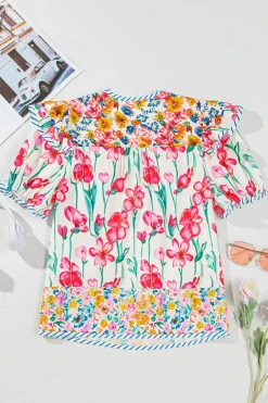 Sale Dear-Lover Floral Print Striped Detail Split Neck Short Sleeve Blouse Pink