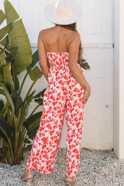 New Dear-Lover Floral Print Twisted Bandeau Keyhole Pleated Wide Leg Jumpsuit Pink