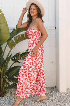 New Dear-Lover Floral Print Twisted Bandeau Keyhole Pleated Wide Leg Jumpsuit Pink