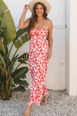 New Dear-Lover Floral Print Twisted Bandeau Keyhole Pleated Wide Leg Jumpsuit Pink