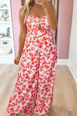 New Dear-Lover Floral Print Twisted Bandeau Keyhole Pleated Wide Leg Jumpsuit Pink