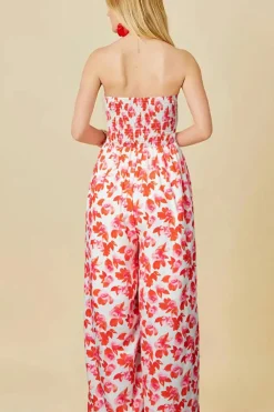 New Dear-Lover Floral Print Twisted Bandeau Keyhole Pleated Wide Leg Jumpsuit Pink