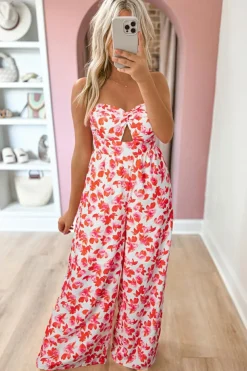 New Dear-Lover Floral Print Twisted Bandeau Keyhole Pleated Wide Leg Jumpsuit Pink