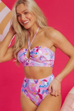 Online Dear-Lover Floral Printed Halter Neck High Waist Bikini Pink