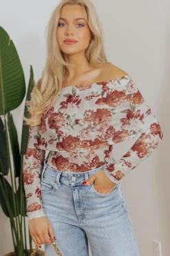 Fashion Dear-Lover Floral Printed Long Sleeve Sheath Bodysuit Pink