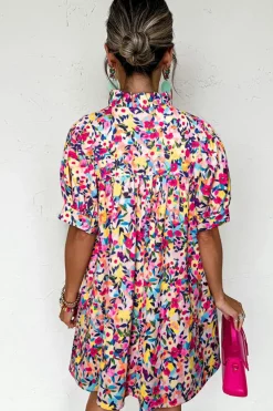 Clearance Dear-Lover Floral Puff Short Sleeve V Neck Mini Dress Pink