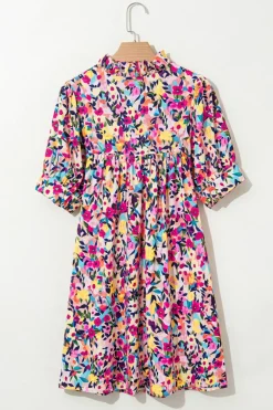 Clearance Dear-Lover Floral Puff Short Sleeve V Neck Mini Dress Pink