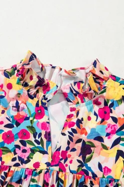 Clearance Dear-Lover Floral Puff Short Sleeve V Neck Mini Dress Pink