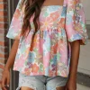 Hot Dear-Lover Floral Puff Sleeve Square Neck Babydoll Blouse Pink