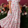 Outlet Dear-Lover Floral Puff Sleeve Square Neck Empire Waist Tiered Maxi Dress Pink