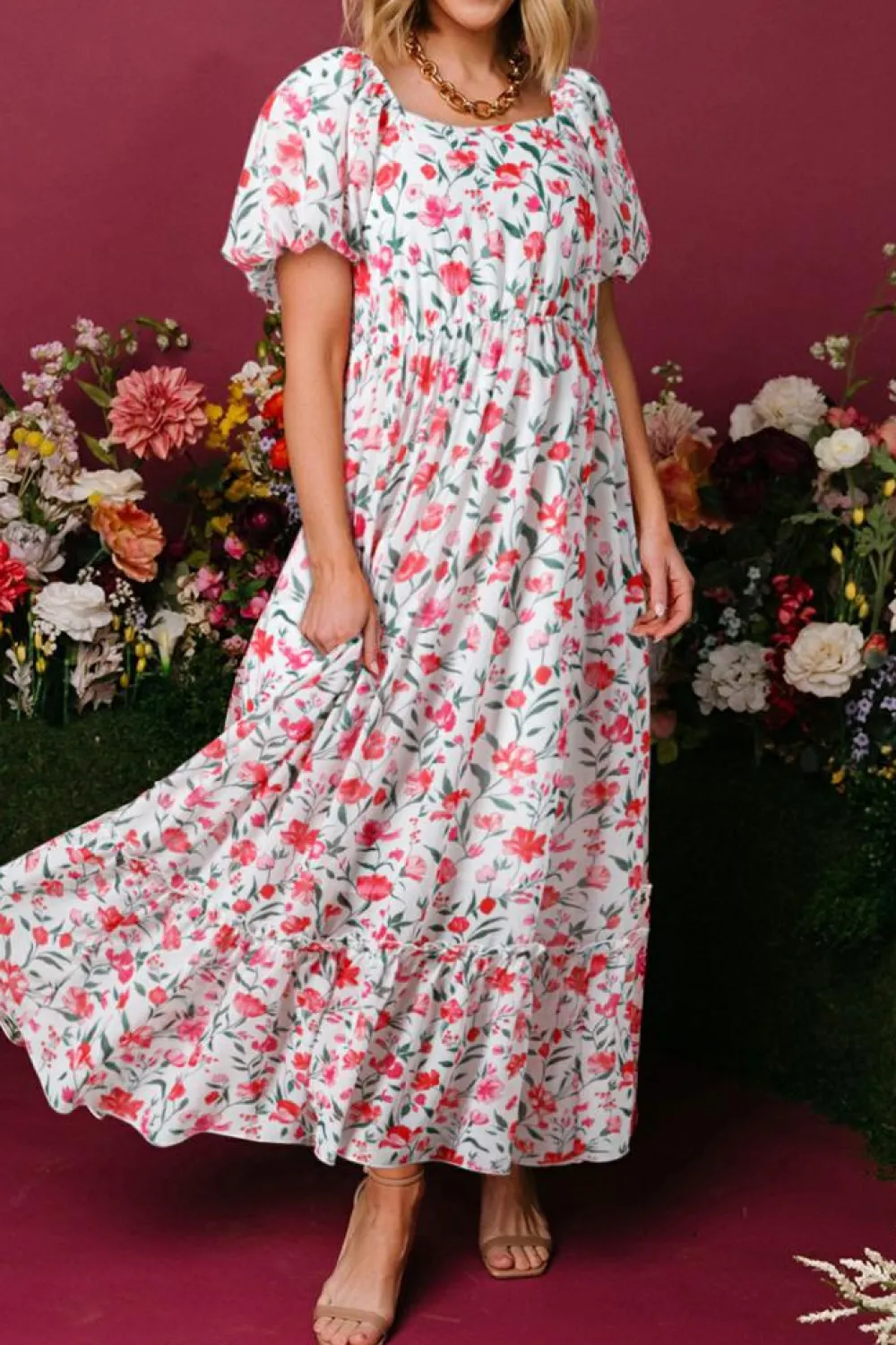 Outlet Dear-Lover Floral Puff Sleeve Square Neck Empire Waist Tiered Maxi Dress Pink