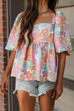 Hot Dear-Lover Floral Puff Sleeve Square Neck Babydoll Blouse Pink