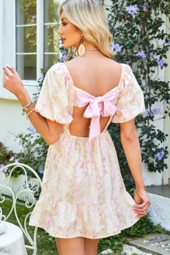 Fashion Dear-Lover Floral Puff Sleeve Square Neck Knotted Open Back Ruffled Mini Dress Pink