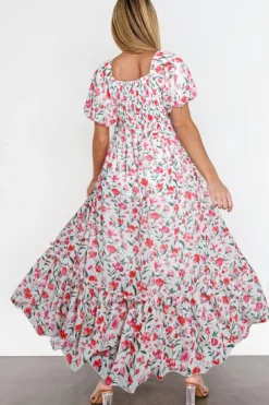 Outlet Dear-Lover Floral Puff Sleeve Square Neck Empire Waist Tiered Maxi Dress Pink