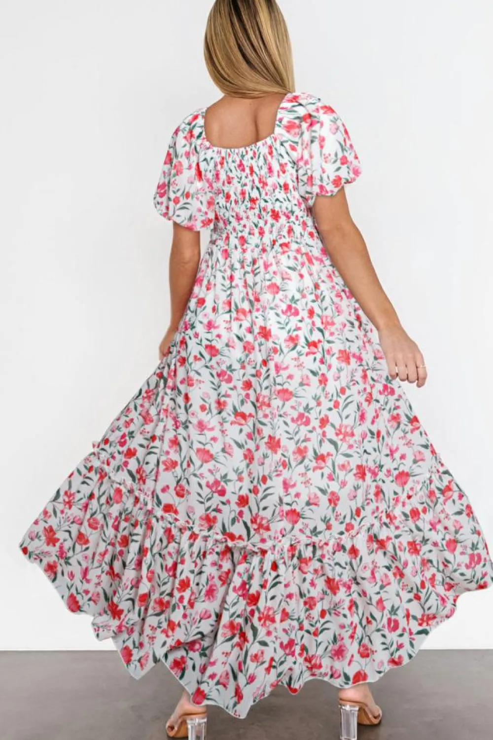 Outlet Dear-Lover Floral Puff Sleeve Square Neck Empire Waist Tiered Maxi Dress Pink