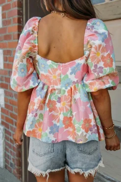 Hot Dear-Lover Floral Puff Sleeve Square Neck Babydoll Blouse Pink