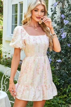 Fashion Dear-Lover Floral Puff Sleeve Square Neck Knotted Open Back Ruffled Mini Dress Pink