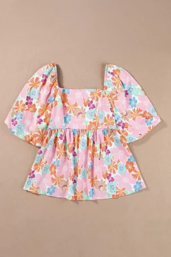 Hot Dear-Lover Floral Puff Sleeve Square Neck Babydoll Blouse Pink