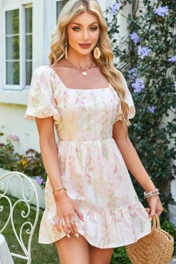 Fashion Dear-Lover Floral Puff Sleeve Square Neck Knotted Open Back Ruffled Mini Dress Pink