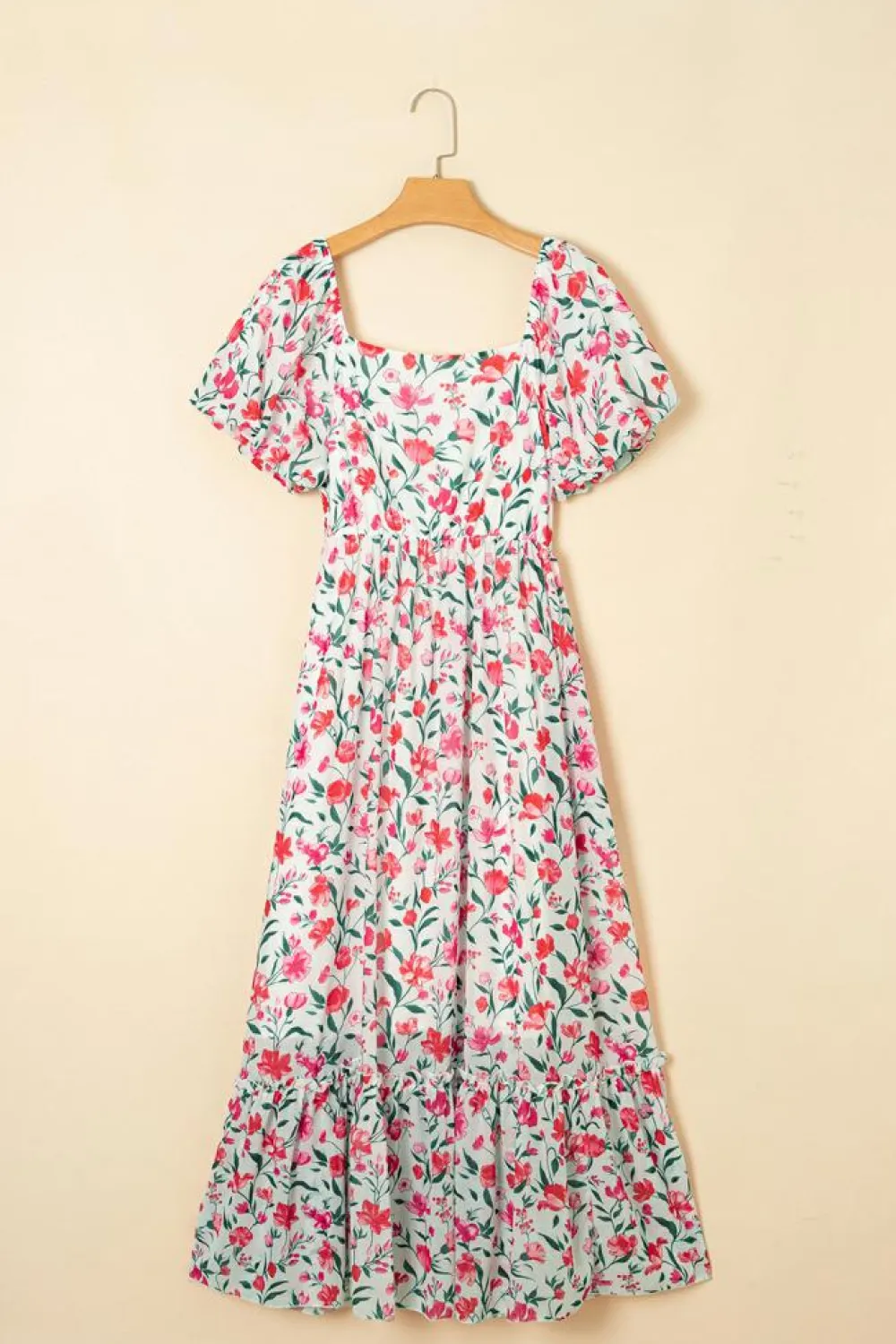 Outlet Dear-Lover Floral Puff Sleeve Square Neck Empire Waist Tiered Maxi Dress Pink